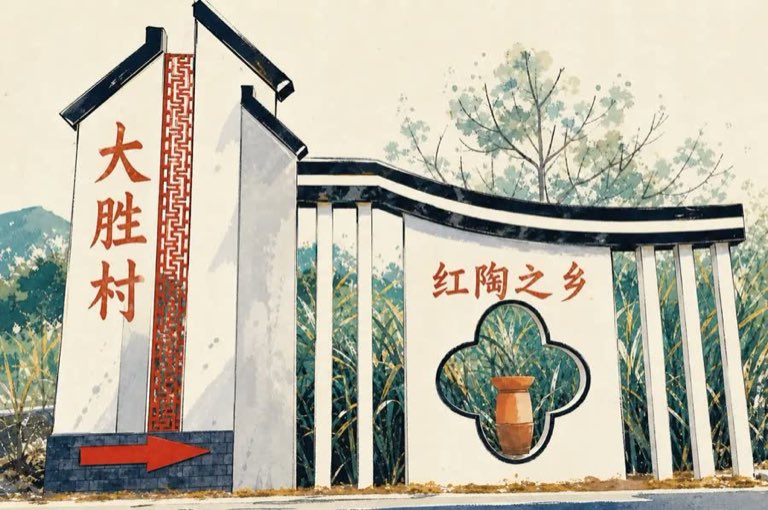 根据大胜村入口实景二创的红陶之乡手札影像